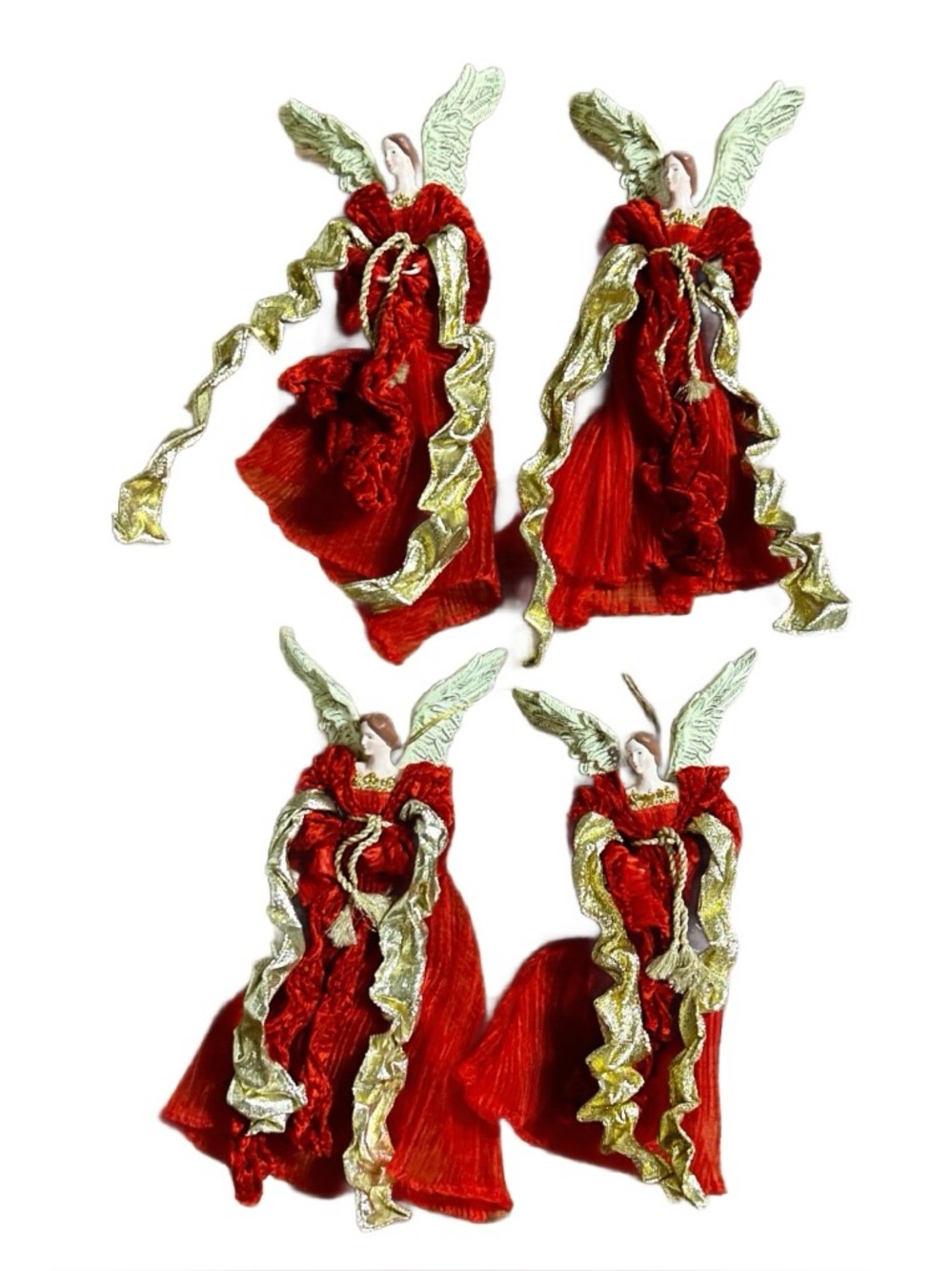 Vintage ~ Set of 4 ~Red & Gold Angels W/ Velvet & Porcelain Face/Wings Ornaments